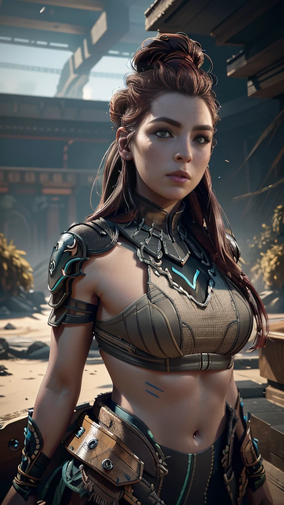 Aloy from horizon games, scantily clad, beautiful detailed eyes, beautiful detailed lips, extremely detailed eyes and face, longeyelashes, elegant pose, intricate detailed clothing, detailed skin textures, futuristic environment, dramatic lighting, vibrant colors, photorealistic, 8k, high quality, detailed rendering, digital painting, concept art style