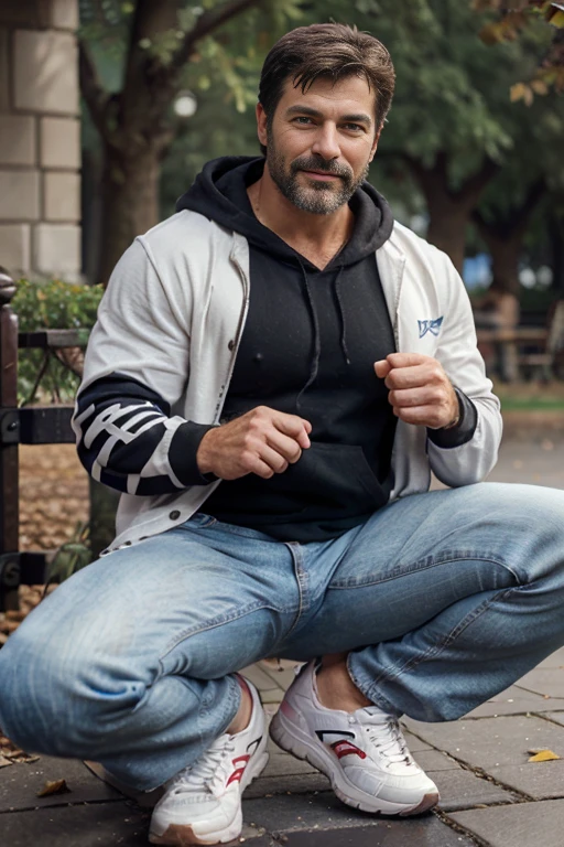 A characters portrait [muscular Soviet Union middle-aged man, hairy body, alpha male, huge biceps, ripped abs, shaggy hair, handsome, jeans pants, black hoodie, white sneakers, seductive smile, my hero] autumn park, 4k, high detailed, beautiful, dark age, art by Stanley artgerm, by Daniel f gerhartz, by pino daeni, highly detailed, sharp focus.
