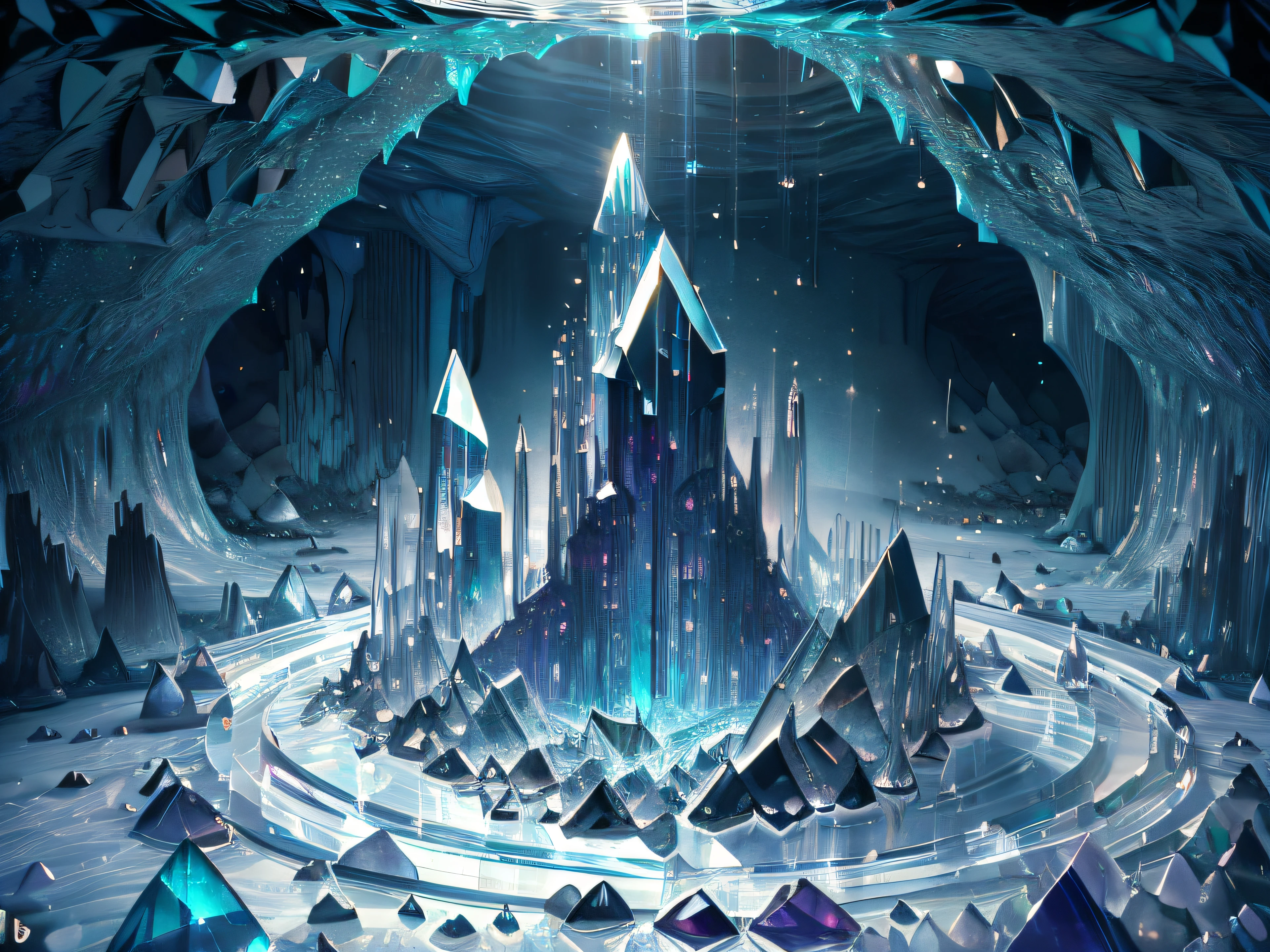 Crystal Cave:1.3, crystal clear crystal, Extra large transparent crystal vertically in the center, Glitter, A cave made of crystals of various sizes, A cave with crystals of various shapes, Mysterious, artistic, Overwhelming, Intricate background, Photorealistic:1.3, (masutepiece), (Best Quality), (ultra high detailed)