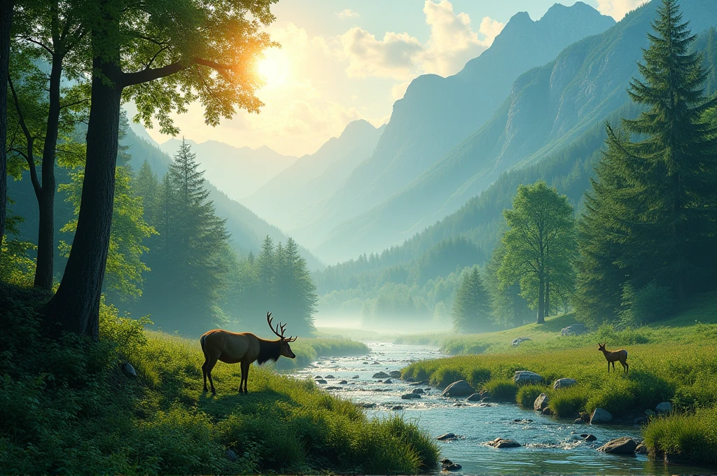 Middle shot showcasing a verdant valley and dense forests, with crystal-clear rivers and majestic mountains. The morning sun beams through the mist, illuminating the lush greenery. Trees are tall and abundant, their leaves rustling gently in the wind. Deer can be seen drinking from a stream at the forest edge. The atmosphere is peaceful and vibrant, depicting a thriving natural environment. The scene is detailed and atmospheric, with an emphasis on the interplay of light and shadow, creating a sense of depth and tranquility.