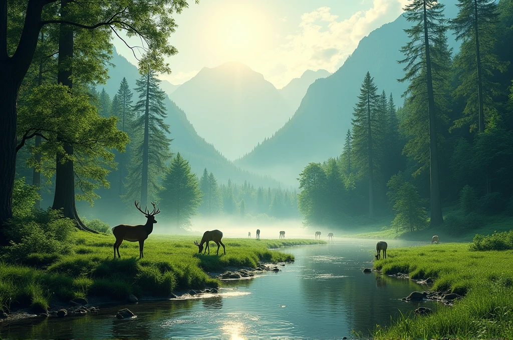 Middle shot showcasing a verdant valley and dense forests, with crystal-clear rivers and majestic mountains. The morning sun beams through the mist, illuminating the lush greenery. Trees are tall and abundant, their leaves rustling gently in the wind. Deer can be seen drinking from a stream at the forest edge. The atmosphere is peaceful and vibrant, depicting a thriving natural environment. The scene is detailed and atmospheric, with an emphasis on the interplay of light and shadow, creating a sense of depth and tranquility.
