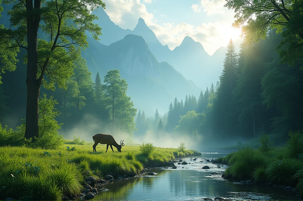 Middle shot showcasing a verdant valley and dense forests, with crystal-clear rivers and majestic mountains. The morning sun beams through the mist, illuminating the lush greenery. Trees are tall and abundant, their leaves rustling gently in the wind. Deer can be seen drinking from a stream at the forest edge. The atmosphere is peaceful and vibrant, depicting a thriving natural environment. The scene is detailed and atmospheric, with an emphasis on the interplay of light and shadow, creating a sense of depth and tranquility.