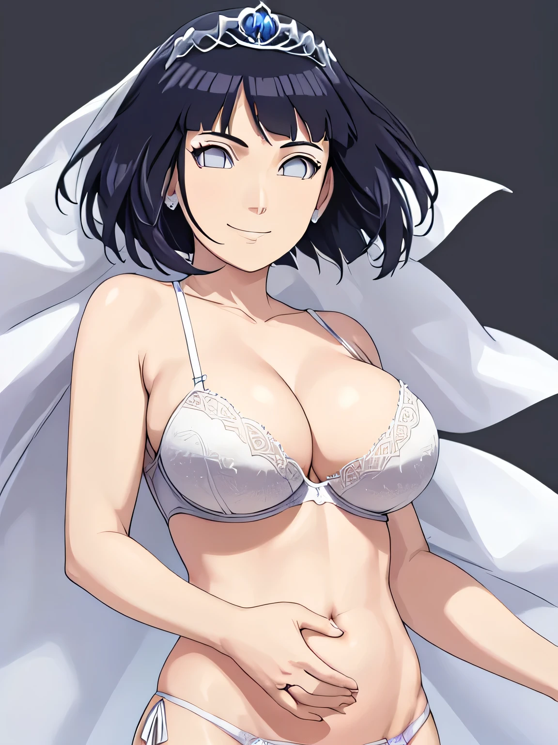 (hinata\(boruto\), (high quality:1.8), (muscles:0.8), upper body:1.2, (stretching), (arm biceps:1.4), (sharp look:1.6), (arm curves:1,5), (ultra detailed body:1.4), (((background: simple white background only:1.8))), (anime, tall woman, cowboy shot), (sharp smile:1.6), (thick arms:1.0), (wedding tiara:1.3), (wedding veil:1.5), (white thong:1.5), (white bra:1.5), (bare arms, bare shoulders), (long belly:1.2), (wide shoulders, off-shoulders), smile), (big breasts:1.1) ,(cleavage:1.5), closed mouth), ((pale skin)). ((dark blue:1.3, short hair, hime cut، loose hair, floating hair, floating hair), (background: simple white background only), (background: simple white background only), (background: simple white background only), (background: simple white background only),