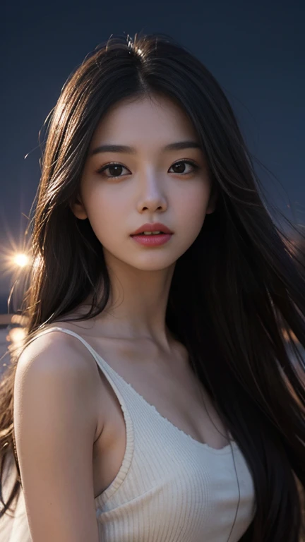 full HD 8K, Girl standing in front of dark night scene, The light of the full moon shines on her beautiful face, She is long, The soft hair is gently blown by the night breeze, Create a gentle and romantic feeling. She was walking on the beach.. She looked up at the starry sky, As if looking for something, There was a thoughtful look in her eyes.. Full moon shining in the night sky,Forming a beautiful landscape. This girl has been a long time, A strand of hair, Luxurious and noble beauty. The moonlight shines on the girl's delicate face, Highlight her big, Round light brown eyes, Create a natural, Gentle beauty. She is wearing a small sexy red bikini,Create sexy beauty. Her breasts are exposed, Revealing her plump and sexy breasts. The images capture detailed panoramic portraits and views of the sky and sea.. Everything creates beauty, Stunning pictures that make you unable to take your eyes away. All these details are clearly and vividly depicted,