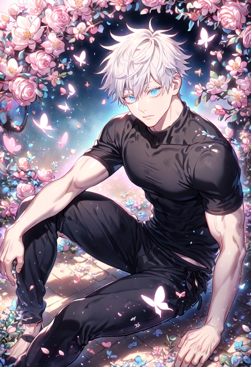 absurdres, highres, ultra detailed, HDR, master piece, best quality, extremely detailed face, delicated features, Gojou Satoru, white hair, expressive blue eyes, white eyelashes, Jujutsu Kaisen, solo, sexy, sensual man sitting, manly man, black tight T-shirt, black tight pants, blossoms, pink flowers, pink butterflies, fantasy, magical, radiant