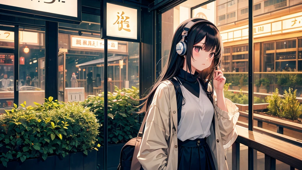 Traveling Inside the Zoo。A young girl with black hair wearing stylish clothes and headphones labeled "Lo-Fi" The girl is shown in profile, gazing into the distance with a calm, relaxed expression Background depicts the iconic scenery of Namba, Osaka at night, without any text on signs A starry night sky adding to the peaceful atmosphere Overall mood is quiet and serene, perfect for Lo-Fi music Detailed hair rendering and careful attention to the girl's fashionable outfit The entire scene should evoke a relaxing, introspective feeling associated with Lo-Fi music