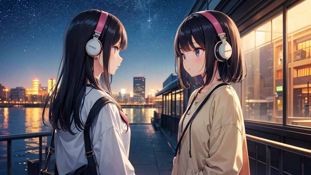 Traveling Inside the Zoo。A young girl with black hair wearing stylish clothes and headphones labeled "Lo-Fi" The girl is shown in profile, gazing into the distance with a calm, relaxed expression Background depicts the iconic scenery of Namba, Osaka at night, without any text on signs A starry night sky adding to the peaceful atmosphere Overall mood is quiet and serene, perfect for Lo-Fi music Detailed hair rendering and careful attention to the girl's fashionable outfit The entire scene should evoke a relaxing, introspective feeling associated with Lo-Fi music