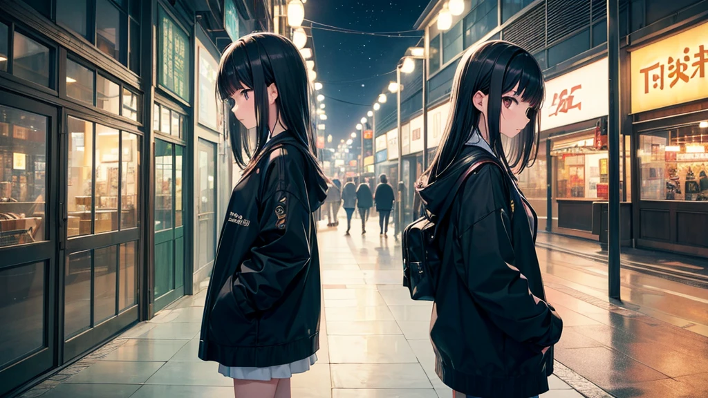 Traveling Inside the Zoo。A young girl with black hair wearing stylish clothes and headphones labeled "Lo-Fi" The girl is shown in profile, gazing into the distance with a calm, relaxed expression Background depicts the iconic scenery of Namba, Osaka at night, without any text on signs A starry night sky adding to the peaceful atmosphere Overall mood is quiet and serene, perfect for Lo-Fi music Detailed hair rendering and careful attention to the girl's fashionable outfit The entire scene should evoke a relaxing, introspective feeling associated with Lo-Fi music