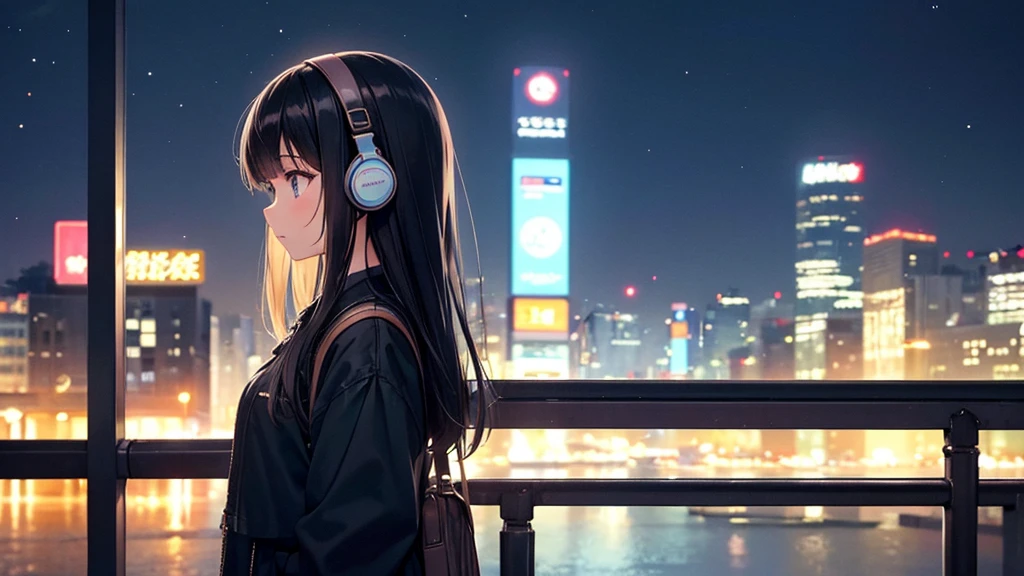 Traveling Inside the Zoo。A young girl with black hair wearing stylish clothes and headphones labeled "Lo-Fi" The girl is shown in profile, gazing into the distance with a calm, relaxed expression Background depicts the iconic scenery of Namba, Osaka at night, without any text on signs A starry night sky adding to the peaceful atmosphere Overall mood is quiet and serene, perfect for Lo-Fi music Detailed hair rendering and careful attention to the girl's fashionable outfit The entire scene should evoke a relaxing, introspective feeling associated with Lo-Fi music