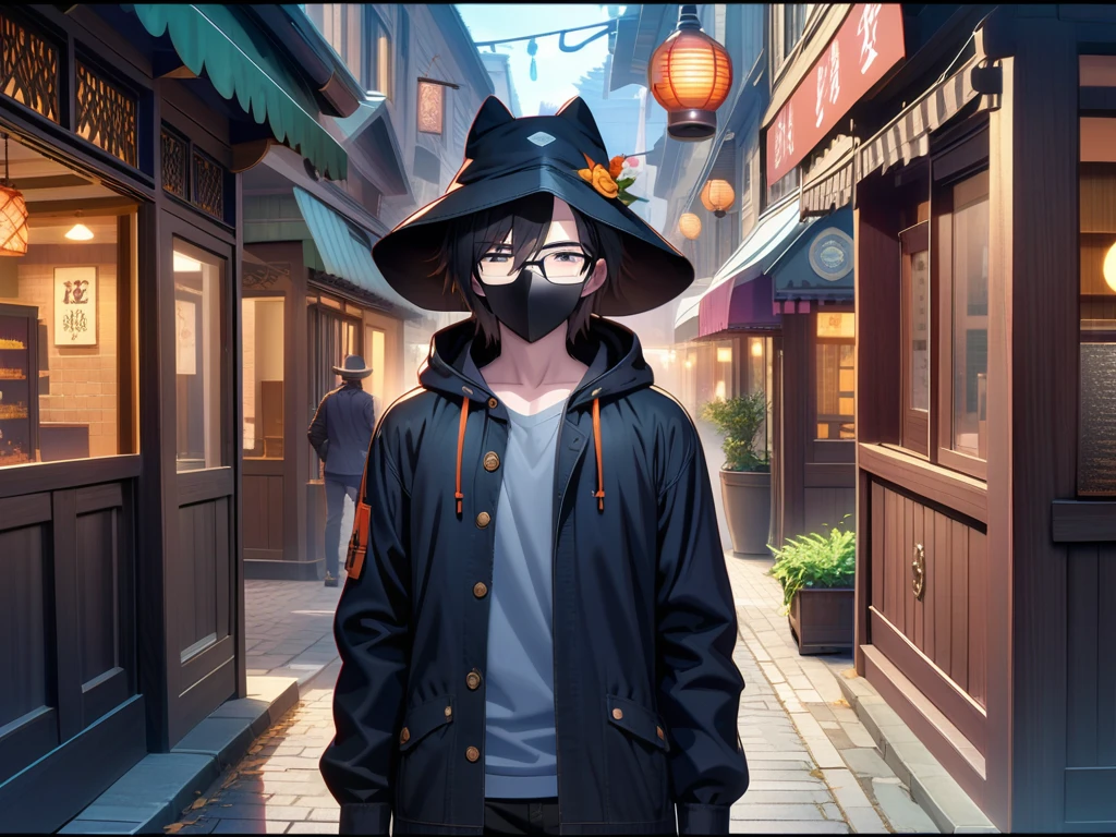 man，Wear a mask，Black mask，Wear a hat，Black hood，Knock on the door，iron gate，HD, HDR, Very detailed CG, Beautiful details, depth, Delicate texture, Super Fine, Pale skin, Handsome man, , short hair, Black Hair, Glasses，Ethereal atmosphere，Kiosks，Main Street