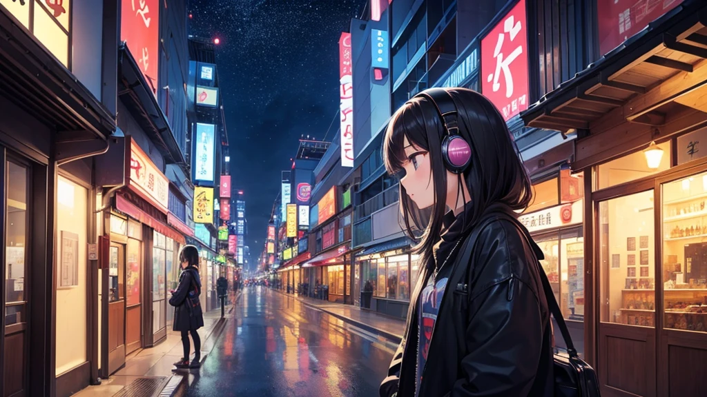 Traveling Inside the Zoo。A young girl with black hair wearing stylish clothes and headphones labeled "Lo-Fi" The girl is shown in profile, gazing into the distance with a calm, relaxed expression Background depicts the iconic scenery of Namba, Osaka at night, without any text on signs A starry night sky adding to the peaceful atmosphere Overall mood is quiet and serene, perfect for Lo-Fi music Detailed hair rendering and careful attention to the girl's fashionable outfit The entire scene should evoke a relaxing, introspective feeling associated with Lo-Fi music