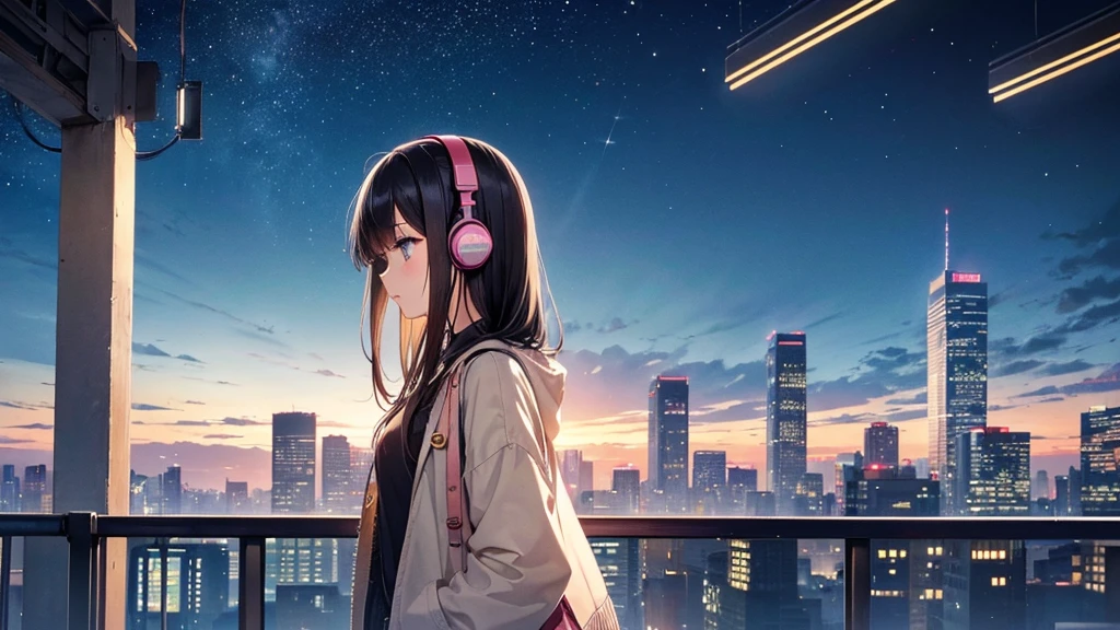 Traveling Inside the Zoo。A young girl with black hair wearing stylish clothes and headphones labeled "Lo-Fi" The girl is shown in profile, gazing into the distance with a calm, relaxed expression Background depicts the iconic scenery of Namba, Osaka at night, without any text on signs A starry night sky adding to the peaceful atmosphere Overall mood is quiet and serene, perfect for Lo-Fi music Detailed hair rendering and careful attention to the girl's fashionable outfit The entire scene should evoke a relaxing, introspective feeling associated with Lo-Fi music