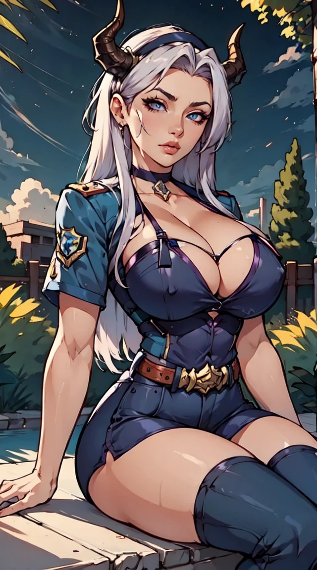 Beautiful woman with grayish white hair has an athletic figure, pale skin, hair band horns, sleepy look, exposed cleavage, cowboy shot, top-quality, lot of details, realisitic, work of art, best qualityer, HanyaV4, 1 Woman alone, uniforme da hanya, grey-eyed, blue colored eyes, sitting down, park with trees around at night