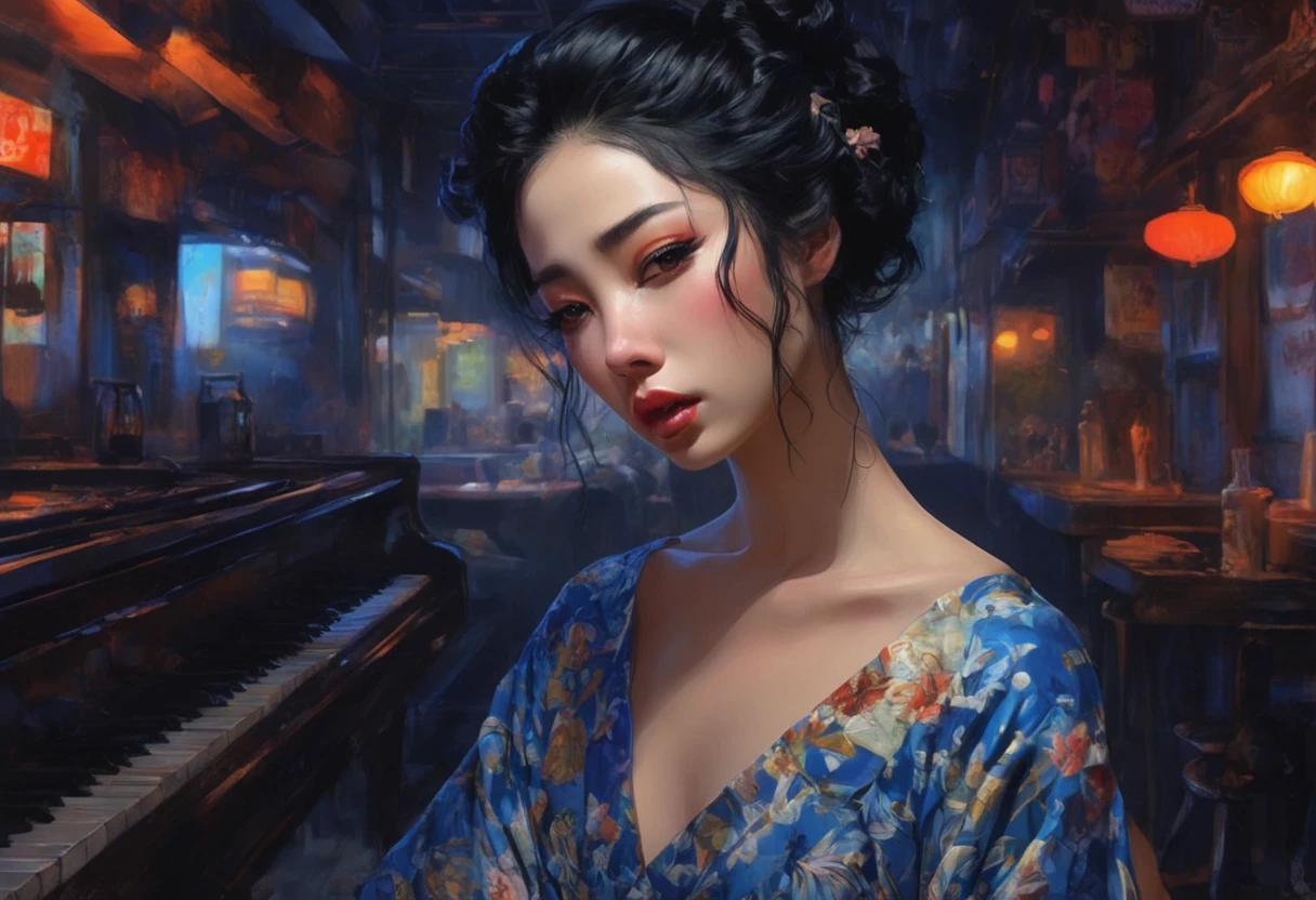 Taisho Romance　obert johnson, gritty, alabama bar, blue note, charismatic , leopard skin dress, illustration, noir fantasy, lone lady, sad ending, japanese kimono woman pianist blues bluesmusic blues bar sad feeling dark moonlight usa america south blues bar