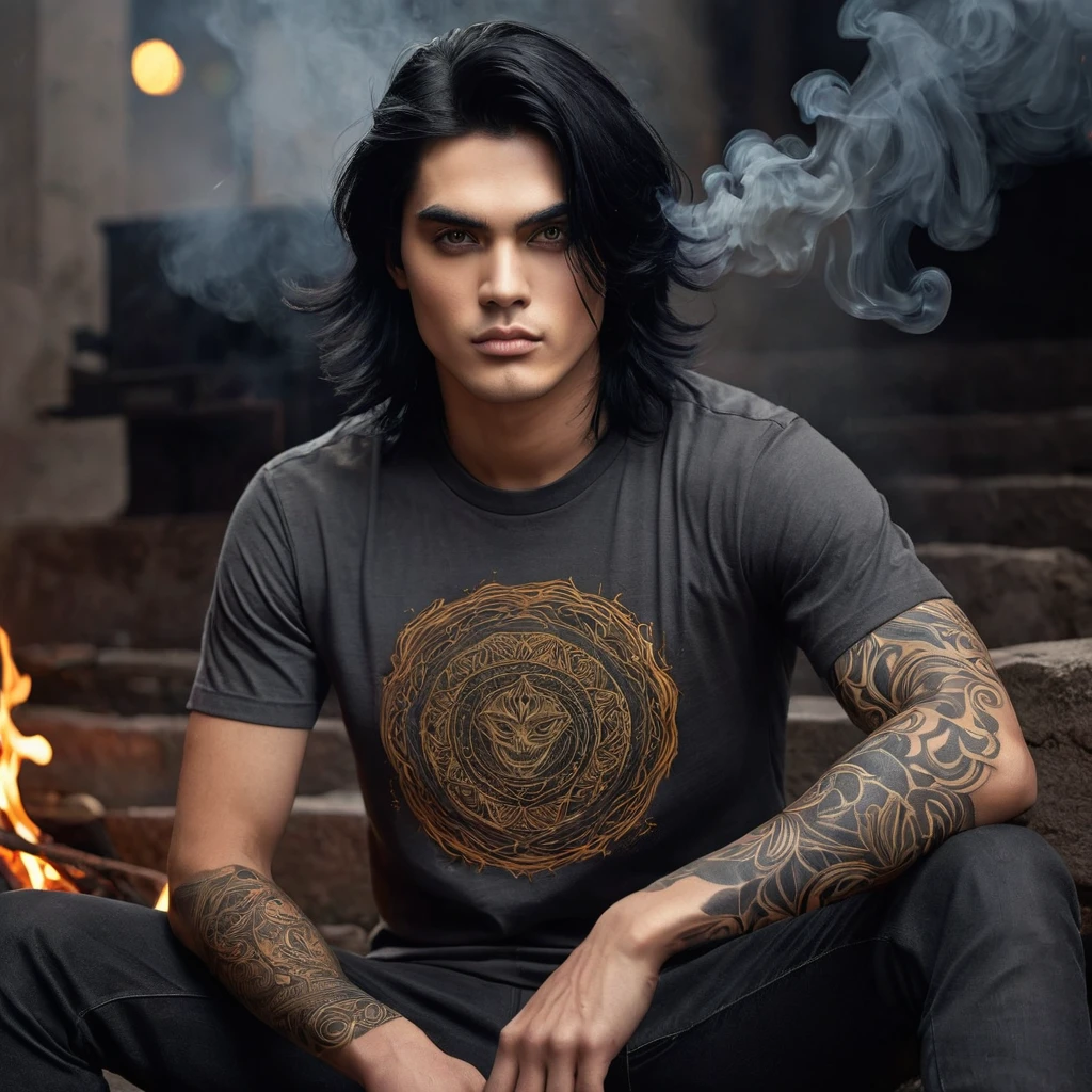 Renn Vermillion is a young Modified man with coal-black hair and intensely golden eyes., remembering burning embers. Your skin has a pale tone, contrasting with the hot appearance of his power. He wears dark, light clothing that resembles an endurance suit., designed to hide your identity and protect you from enemies. .work of art, best qualityer, extremely detaild, hyper realist, photorrealistic, in the night:1.2, warm toned, warm toned, dark gray t-shirt:1.2, sitting, smoke, eyeshadows, delicate tattoo, Face ultra detailed:1.1, brow, long hair