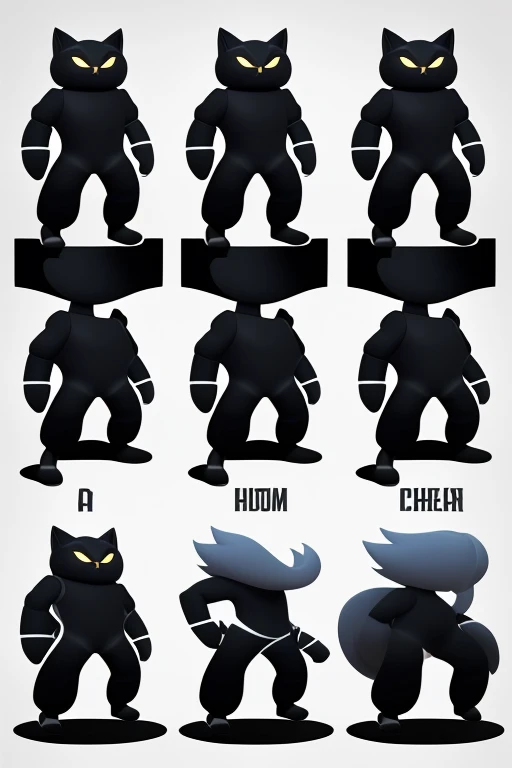 Create a short, stylized humanoid black cat to be a main character in a dreamlike action video game.  Pose him in a 360 degree character turnaround  sheet


