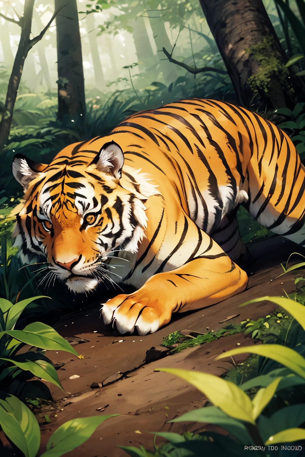 A gentle tiger lies in the forest,Image size 2000px wide,1080px high,