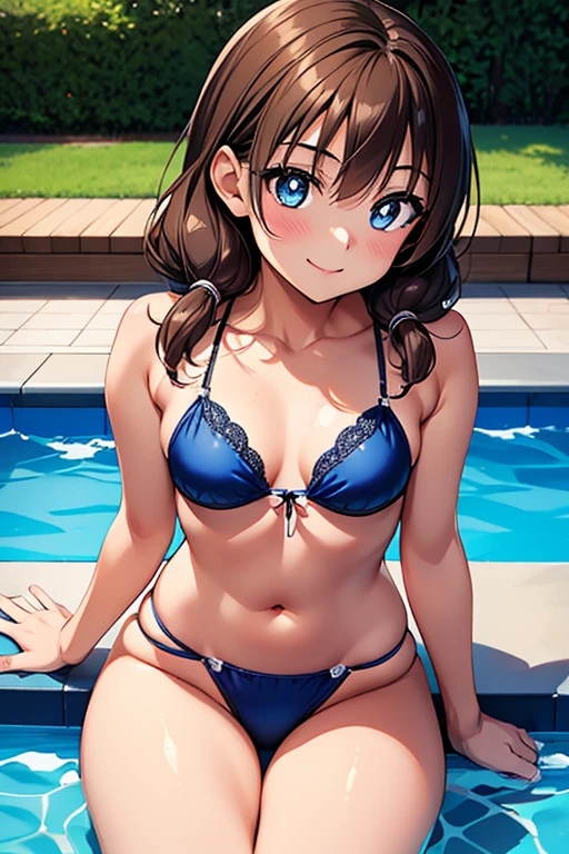 Megumi Amano、Shiny brown hair, Twin tails, Beautiful Blue Eyes、Small waist、Small breasts、Modest chest、smile、Sparkling eyes, (fine grain)、Very fine eye、非常にDetailed face, Highly detailed eyes, Cowboy Shot、



masterpiece, Highest quality, High resolution, One girl, Detailed face, blush, Anime CG style, (Medium chest), (18-year-old girl:1.3), (Old age), Good lighting, Perfect body,  Glossy Lips, Swimwear, Sitting, Edge of the pool, Leaning forward