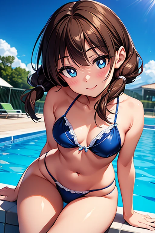 Megumi Amano、Shiny brown hair, Twin tails, Beautiful Blue Eyes、Small waist、Small breasts、Modest chest、smile、Sparkling eyes, (fine grain)、Very fine eye、非常にDetailed face, Highly detailed eyes, Cowboy Shot、



masterpiece, Highest quality, High resolution, One girl, Detailed face, blush, Anime CG style, (Medium chest), (18-year-old girl:1.3), (Old age), Good lighting, Perfect body,  Glossy Lips, Swimwear, Sitting, Edge of the pool, Leaning forward