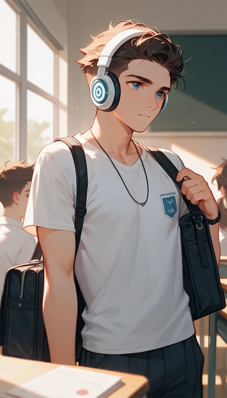 In classrooms，The last row was occupied by a man wearing a white T-shirt.，Boy with white headphones