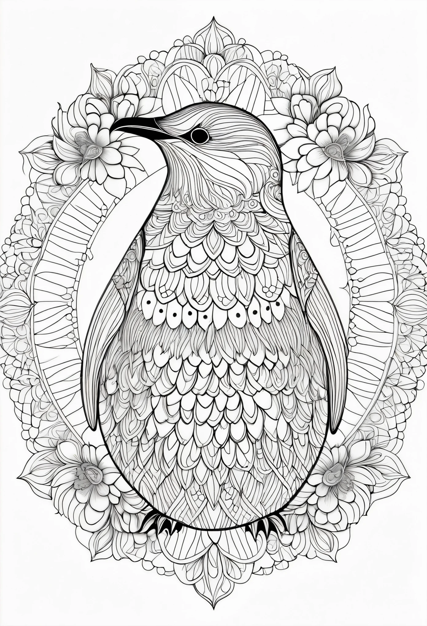 Impressive black and white line art coloring page designed for adults with white background, A cute and majestic penguin in a mandala style , The penguins are decorated with intricate patterns, including flowers and geometric shapes., A fascinating and detailed work of art. The figure focuses on crisp,Clean lines and bold outlines, No shading or color, Fantasy, Magic, Mysterious, Unusual, Wavy line, Realistic line drawing, Coloring page , Noiseless, Sharp thick lines, Sketch Art, Centered Image, Isolated on a white background, Allowing users to bring their own unique vibrancy to their creations. Minimalist design, Thick lines and lack of background detail, Calm your mind、We create engaging coloring experiences for adults looking for creative activity.. figure