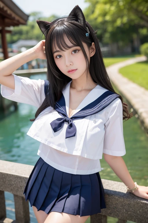 ((Melancholic expression))、((Sad face))、((Angry face))、((Crying face))、(長いBlack Hair)、Small fox ears、((Highest quality、8k、masterpiece))、Sharp focus:1.2、、((Big Breasts))、(Cleavage))、masterpiece、Highest quality、Woman 1、Very detailed、The view looking up from directly below　Black Hair　Face seen from below　((Japanese schoolgirl))、((Summer sailor uniform))、Pleated skirt、((Big Breasts))、(Cleavage))、Under the chest、Chest seen from below　Let me&#39;Let&#39;s take a look under the sailor suit