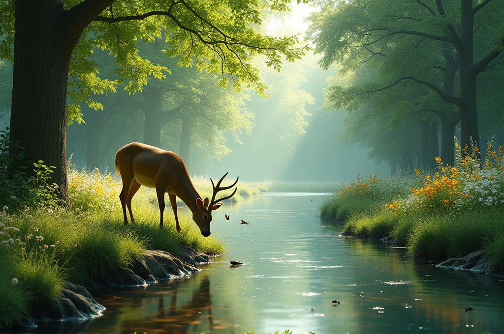 Detailed cinematic shot of a serene riverside: clear water reflecting sunlight, tall trees providing a lush, green canopy. Deer drinking from the stream, butterflies and bees among the wildflowers. Sunlight filtering through leaves, creating dappled light and shadow on the ground. Include fish swimming just below the water's surface and dragonflies hovering above. Realistic, tranquil, and idyllic, emphasizing harmony and vibrancy.