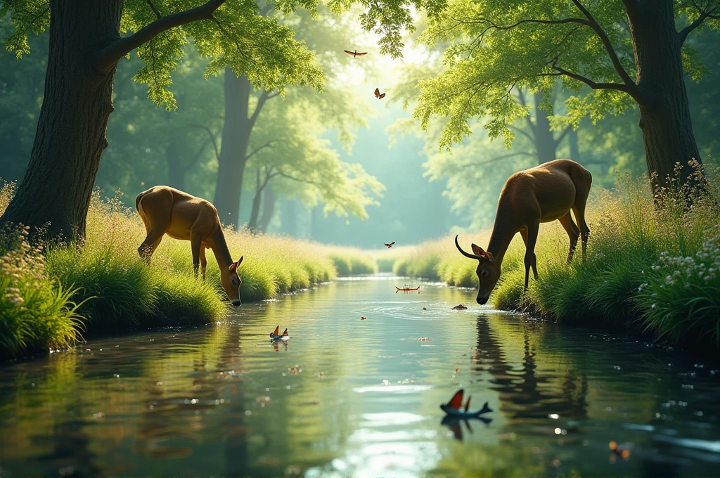 Detailed cinematic shot of a serene riverside: clear water reflecting sunlight, tall trees providing a lush, green canopy. Deer drinking from the stream, butterflies and bees among the wildflowers. Sunlight filtering through leaves, creating dappled light and shadow on the ground. Include fish swimming just below the water's surface and dragonflies hovering above. Realistic, tranquil, and idyllic, emphasizing harmony and vibrancy.