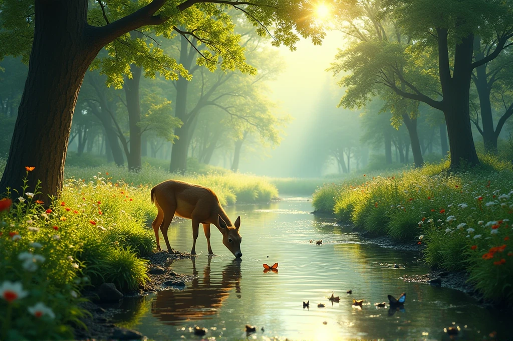 Detailed cinematic shot of a serene riverside: clear water reflecting sunlight, tall trees providing a lush, green canopy. Deer drinking from the stream, butterflies and bees among the wildflowers. Sunlight filtering through leaves, creating dappled light and shadow on the ground. Include fish swimming just below the water's surface and dragonflies hovering above. Realistic, tranquil, and idyllic, emphasizing harmony and vibrancy.
