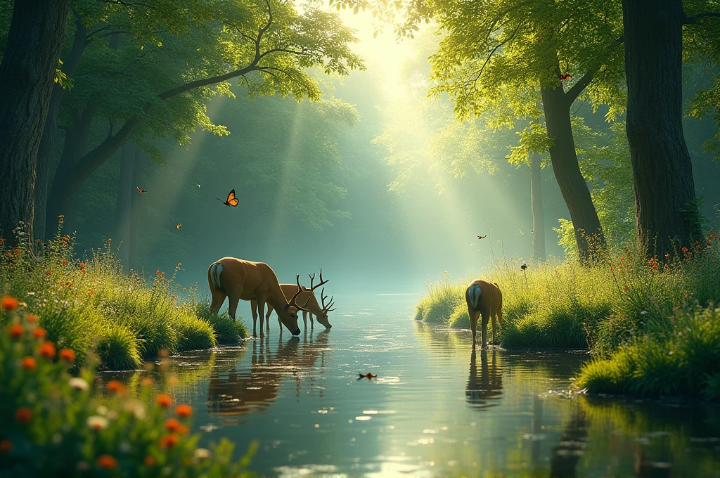 Detailed cinematic shot of a serene riverside: clear water reflecting sunlight, tall trees providing a lush, green canopy. Deer drinking from the stream, butterflies and bees among the wildflowers. Sunlight filtering through leaves, creating dappled light and shadow on the ground. Include fish swimming just below the water's surface and dragonflies hovering above. Realistic, tranquil, and idyllic, emphasizing harmony and vibrancy.
