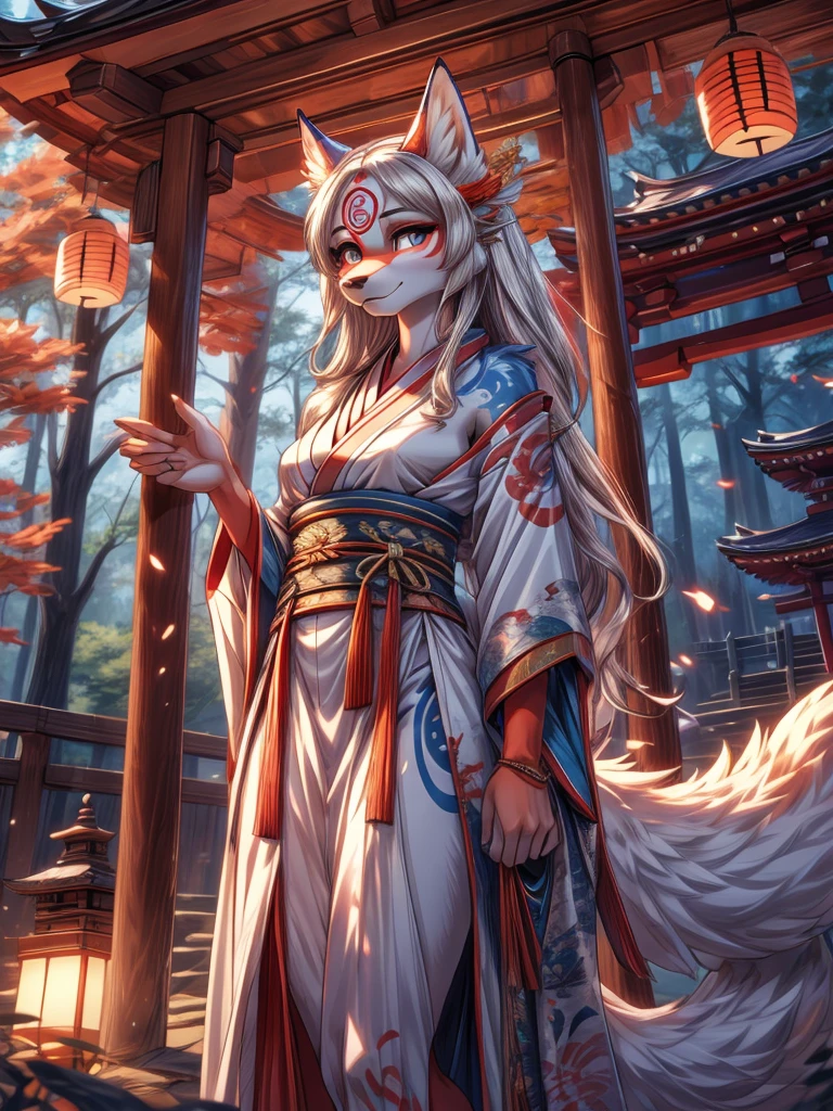 white fur kisune, amaterasu eyes, add high definition_detail:1, blue fur,kitsune ears, tribal tattoo add_detail:1, pretty girl add_detail:1, feudal priestess clothing add_detail:1, japanese shrine scenery add_detail:1, japanese shrine costume add_detail:1, bare left leg add_detail:1, add full body_detail, vista dese atras