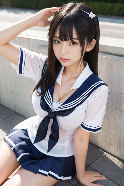 ((Melancholic expression))、((Sad face))、((Angry face))、((Crying face))、(長いBlack Hair)、Small fox ears、((Highest quality、8k、masterpiece))、Sharp focus:1.2、、((Big Breasts))、(Cleavage))、masterpiece、Highest quality、Woman 1、Very detailed、The view looking up from directly below　Black Hair　Face seen from below　((Japanese schoolgirl))、((Summer sailor uniform))、Pleated skirt、((Big Breasts))、(Cleavage))、Under the chest、Chest seen from below　Let me&#39;Let&#39;s take a look under the sailor suit
