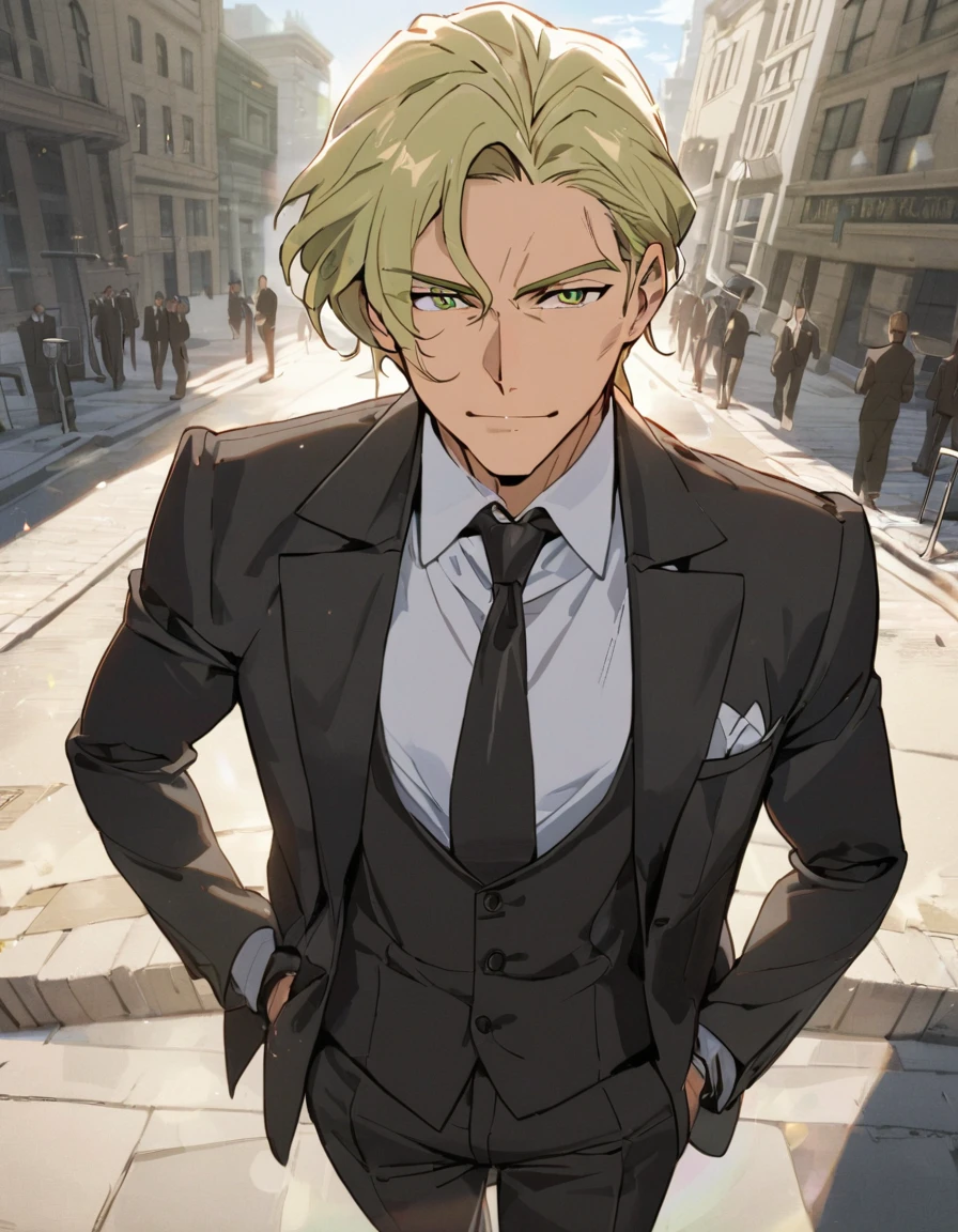 1man, veteran spy agent, handsome mature, business hair with asymmetrical bangs, narrow goatee, green platina blond hair, emerald eyes, 45yo, charming caucasian, ordinary uncle, pentagon shaped, BREAK ideal ratio body proportions, middle weight muscular, dark pupil, beautiful detailed eyes, broad waist, BREAK solo, businessman in black suit, black necktie, white shirt, funeral clothing, soft smile, outdoor, wall street, detailed background, BREAK upperlegs, dandy posing, dramatic expression, 2000s, visual novel, in newest eroge style, in korean anime style, dutch angle, cinematic shadows, cinematic lighting, lens flare, light leaks, texture, absurdres absolutely resolution, extreme all detailed, masterpiece, best quality