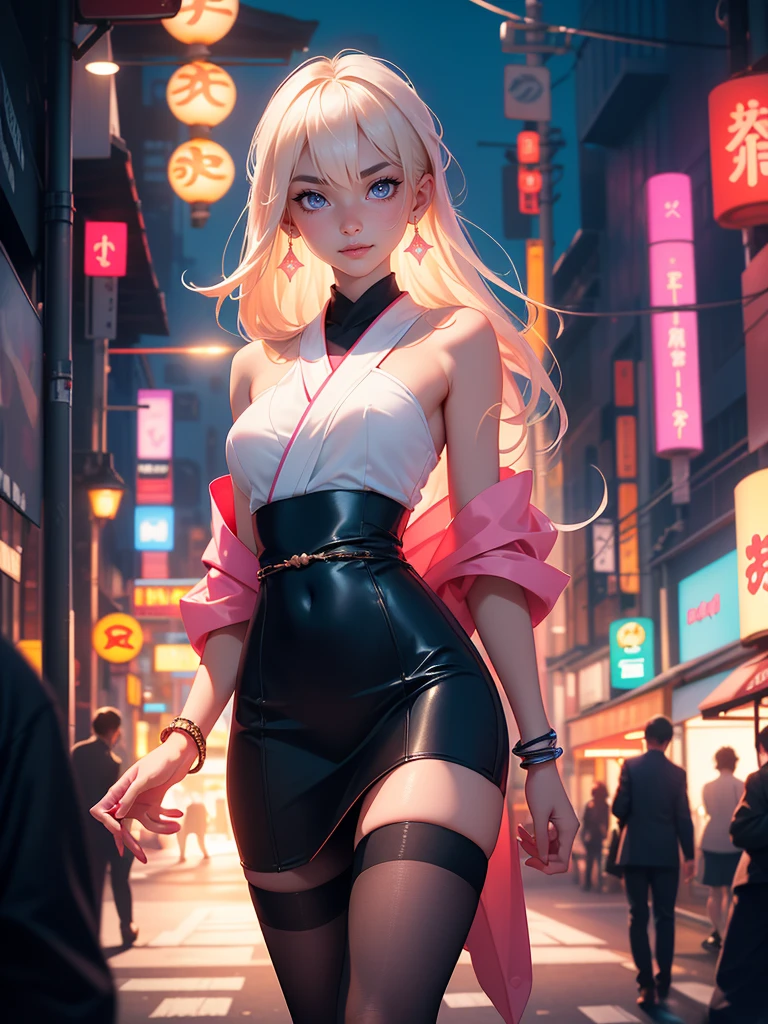 8K, Masterpiece, RAW photo, Best quality, detail:1.2), Photorealistic, Extremely detailed Cg Unity 8K wallpaper, Depth of field, Cinematic light, Lens flare, Ray tracing, (Extremely beautiful face, Beautiful lips, Beautiful eyes), intricate detail face, ((ultra detailed skin)) 1girll, In the dark, deepshadow, Pretty Japan girl, Jpop idol, (Very slim and slender muscular body:1.3), ((view the viewer)), (Big smile), (bodycon Kimono), (Pink Kimono), (Injection sleeve), (City Night, (neon lights sign), (Night), Pretty Japanese girl, Earrings, bangle, Pantyhose, Clear eyes, Standing, (Pale skin), Face forward, (Big eyes), ((upperbody shots)), Kimono Silk, Turn Back, Back shot, Very slim, slander, seamless