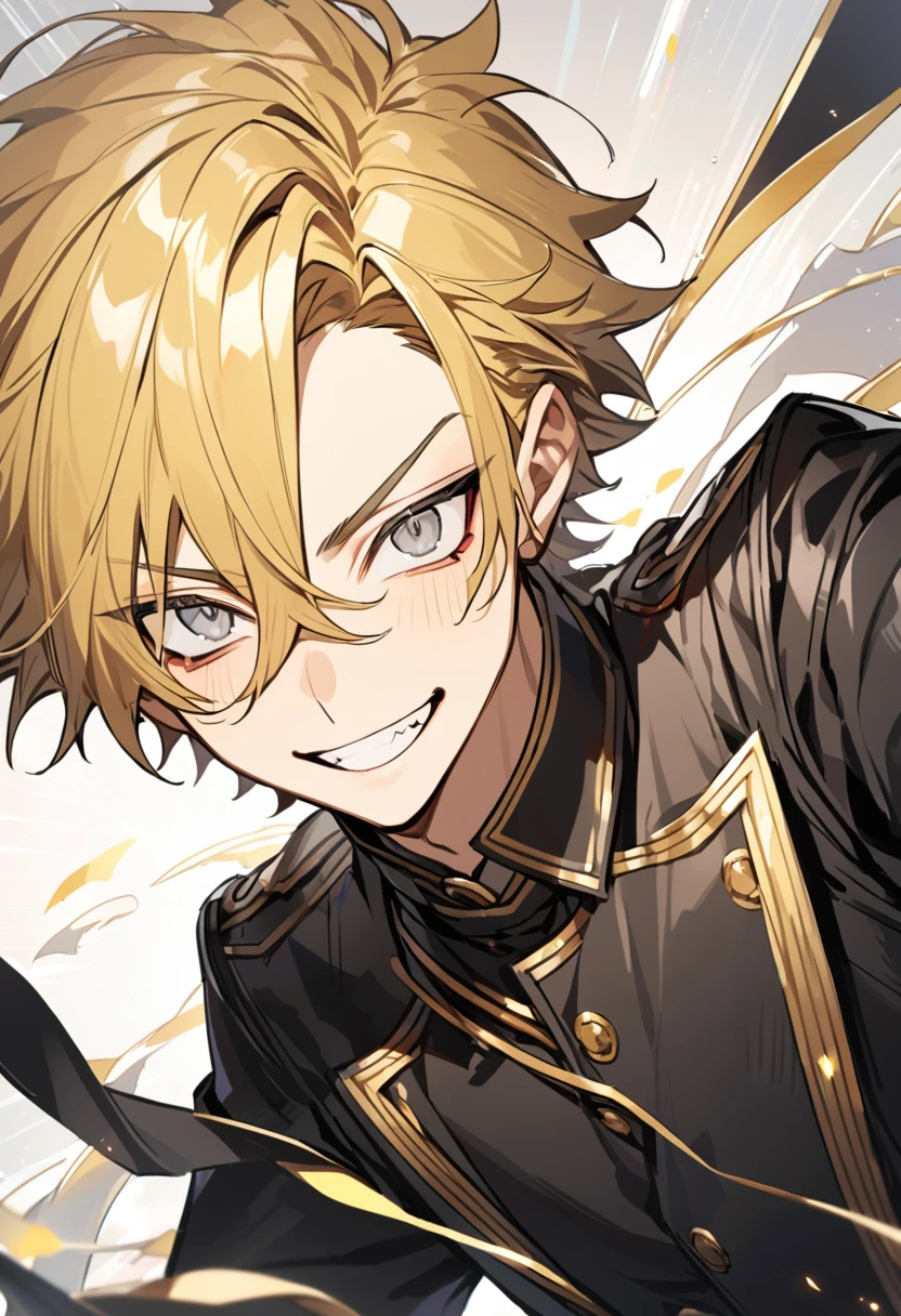 Handsome male, solo, 1male, teenager, golden lining, medium yellow hair, wolf cut hair, sharp eyes, gray eyes, smile expression, black leather clothes, black jacket, black gloves