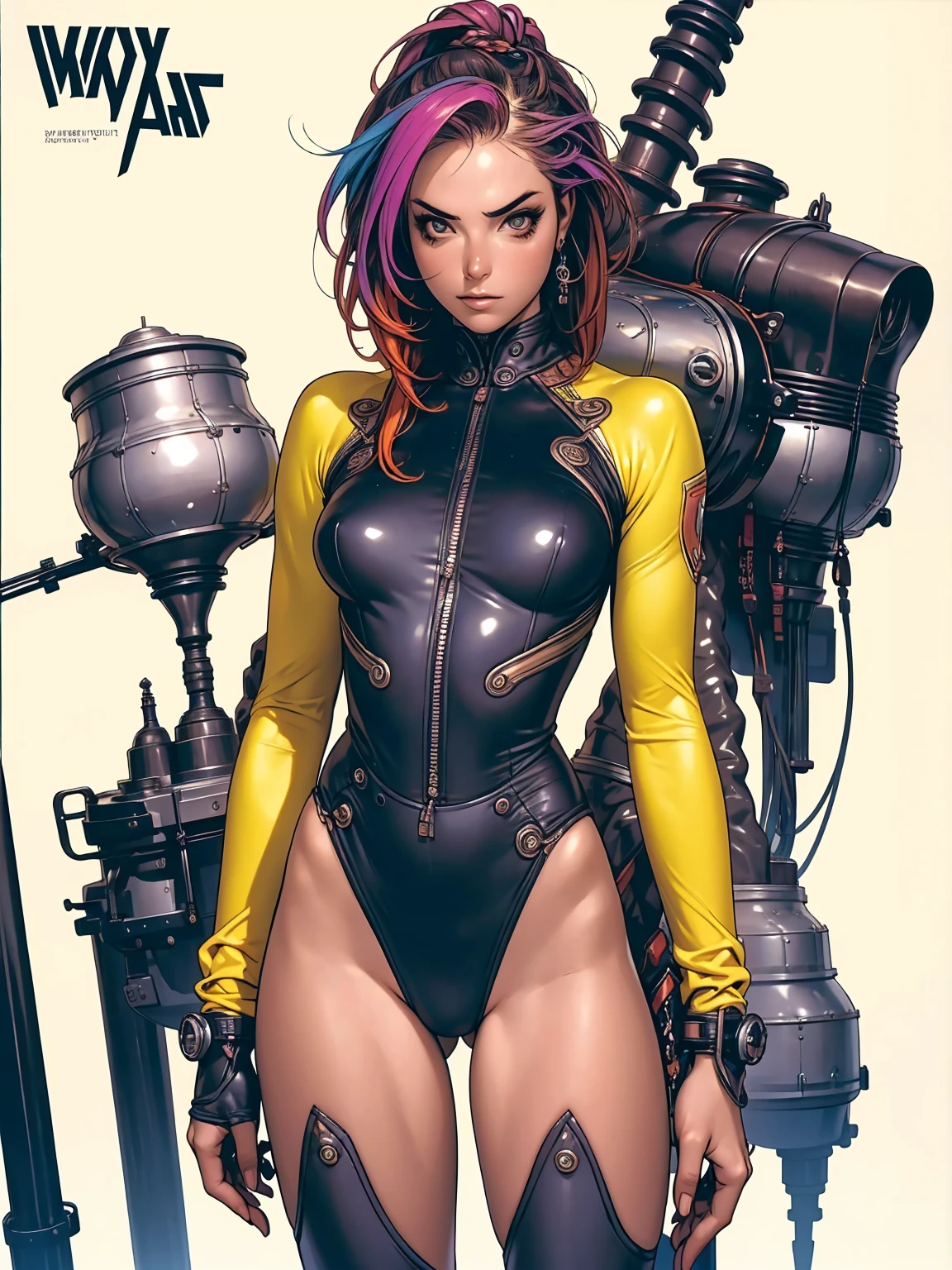 (((best final quality))), ssmile(((standing alone:1.2))),(((1 girl:1.2))),((((beautiful perfect woman)))),(((perfectbody detalhado, perfect finger detailed))),((((((final film poster)))))),(((to burst, close up))),((((detailed complicated machine)))),(((((mechanical genius))))),(((American comics))),(((extreme highlights))),(((extremely colorful, primary colours))),neckleace, super beautiful lady,(((Typography))),text, (Unbeatable masterpiece), (hiper HD),(CG 8k hyper-realistic), (((brave face))), ((( big))), (((hyper feminine))), (((musclegirl))), sexly g, king of fighter,（straight hair with thin braids)), ((( sculptural body ))), (((1 girl))), garota de 25 anos com pectbody,,Beautiful and well-groomed face,muscular body:1.2,solid color detailed jacket, (Head to thigh photos), Complex equipment, (((standing alone))), pirralha violent, (((14歳))), sexlyose de aude, work of art, post-apocalypse, (((manga style))), bounty hunter, violent, Manic, the way you want, slenderbody, thin but strong, perfectbody, roupa moderna, advanced technology, neon, sleeves with vertical striped pattern, intricate background, (( cowboy shot )). intricate visual