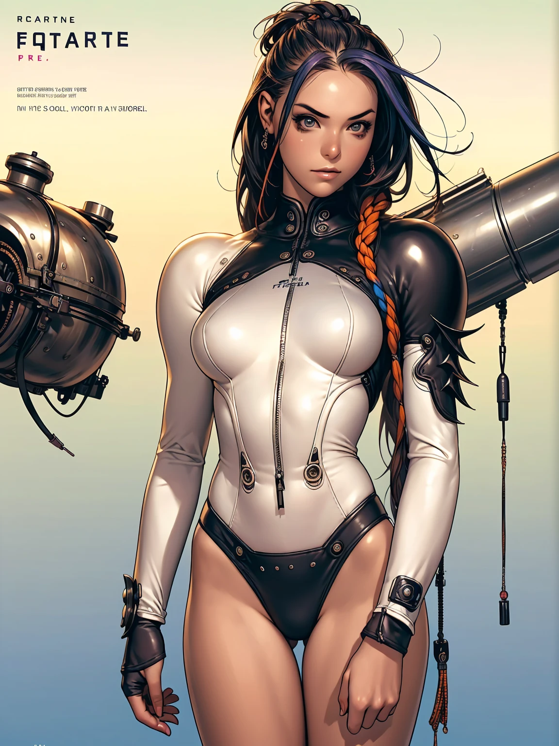 (((best final quality))), ssmile(((standing alone:1.2))),(((1 girl:1.2))),((((beautiful perfect woman)))),(((perfectbody detalhado, perfect finger detailed))),((((((final film poster)))))),(((to burst, close up))),((((detailed complicated machine)))),(((((mechanical genius))))),(((American comics))),(((extreme highlights))),(((extremely colorful, primary colours))),neckleace, super beautiful lady,(((Typography))),text, (Unbeatable masterpiece), (hiper HD),(CG 8k hyper-realistic), (((brave face))), (((breasts big))), (((hyper feminine))), (((musclegirl))), sexly girl, king of fighter,（straight hair with thin braids)), ((( sculptural body ))), (((1 girl))), garota de 25 anos com perfectbody,,Beautiful and well-groomed face,muscular body:1.2,solid color detailed jacket, (Head to thigh photos), Complex equipment, (((standing alone))), pirralha violent, (((14歳))), sexly, pose de atitude, work of art, post-apocalypse, (((manga style))), bounty hunter, violent, Manic, the way you want, slenderbody, thin but strong, perfectbody, roupa moderna, advanced technology, neon, sleeves with vertical striped pattern, intricate background, (( cowboy shot )). intricate visual