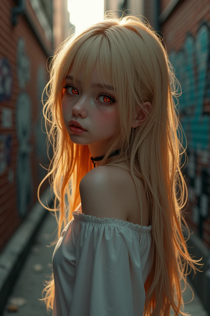 Ultra-realistic 8k CG, masterpiece, ((Ultra detailed background, delicate patterned, Intricate details)), best quality, Intricate detailss, Chromatic Aberration, 1 Girl, Long hair, blond hair, Messy hair, Red highlights, Hair covering one eye, Sharp eyes, Necklace, Brick Wall, Graffiti, Dim Lights, alley, Large-size shirt,Off-shoulder, See-through white shirt, masterpiece, best quality