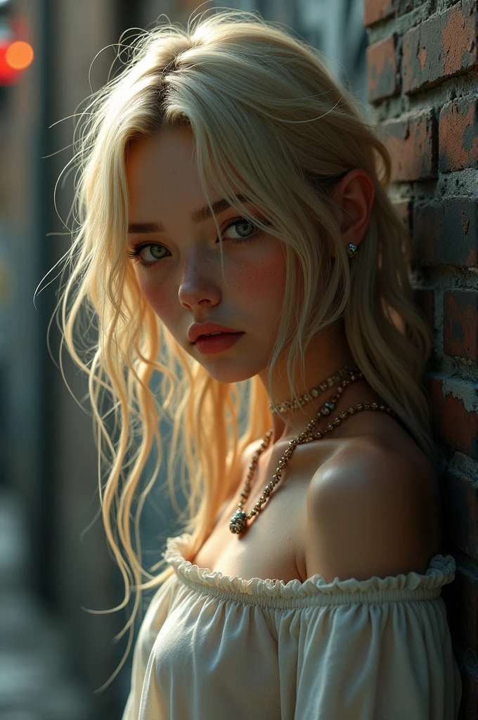 Ultra-realistic 8k CG, masterpiece, ((Ultra detailed background, delicate patterned, Intricate details)), best quality, Intricate detailss, Chromatic Aberration, 1 Girl, Long hair, blond hair, Messy hair, Red highlights, Hair covering one eye, Sharp eyes, Necklace, Brick Wall, Graffiti, Dim Lights, alley, Large-size shirt,Off-shoulder, See-through white shirt, masterpiece, best quality
