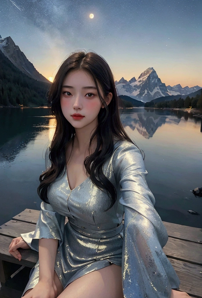 (realistic, masterpiece, best quality), One beautiful 20-year-old young woman with delicate features_Selfie in front of the background, black night sky with shining stars, A huge moon shining behind the mountains. A quiet lake reflects the night. sunset, realistic scene, Detail, photorealism, 8k
