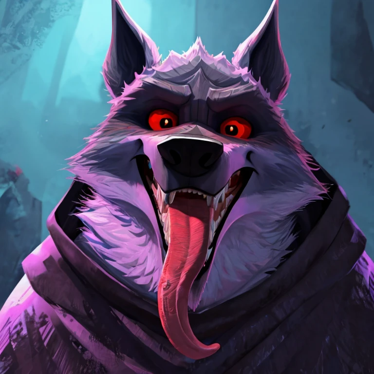 Death (Puss in Boots: The Last Wish), DreamWorks Animation, 2D, Looking at viewer, Open Mouth, Tongue Out, Long Tongue, Wide-Eyed, Wolf Ears, Anatomically Correct, Seductive Smile, Raised Eyebrow, Oral Invitation, Simple background, Character Design, Illustration, High Resolution, Super Detailed, Textured Skin, Single Shot, Cowboy Shot