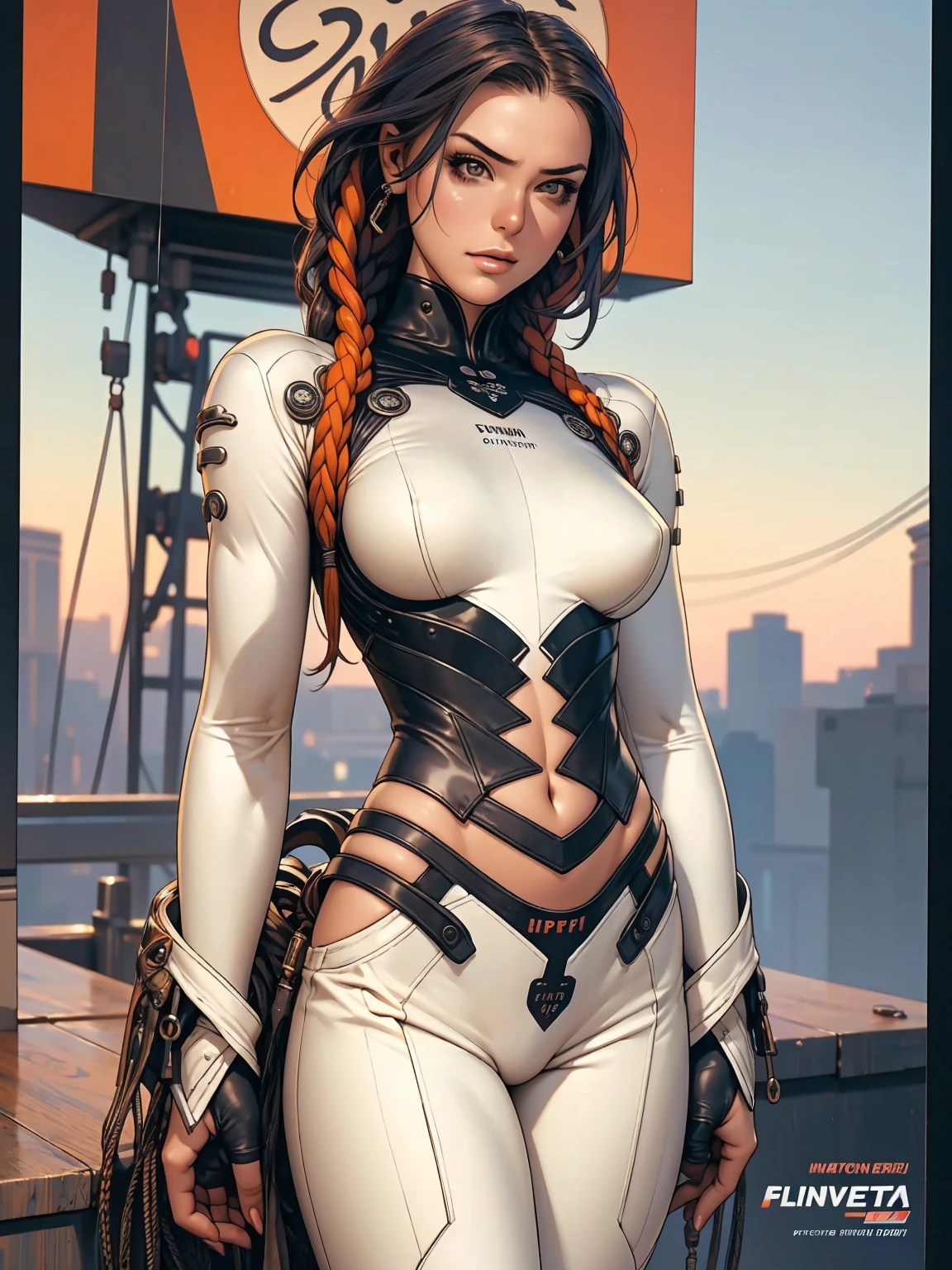 (((best final quality))), ssmile(((standing alone:1.2))),(((1 girl:1.2))),((((beautiful perfect woman)))),(((perfectbody detalhado, perfect finger detailed))),((((((final film poster)))))),(((to burst, close up))),((((detailed complicated machine)))),(((((mechanical genius))))),(((American comics))),(((extreme highlights))),(((extremely colorful, primary colours))),neckleace, super beautiful lady,(((Typography))),text, (Unbeatable masterpiece), (hiper HD),(CG 8k hyper-realistic), (((brave face))), (((breasts big))), (((hyper feminine))), (((musclegirl))), sexly girl, king of fighter,(straight hair with thin braids)), ((( sculptural body ))), (((1 girl))), garota de 25 anos com perfectbody,,Beautiful and well-groomed face,muscular body:1.2,solid color detailed jacket, (Head to thigh photos), Complex equipment, (((standing alone))), pirralha violent, ((())), sexly, pose de atitude, work of art, post-apocalypse, (((manga style))), bounty hunter, violent, Manic, the way you want, slenderbody, thin but strong, perfectbody, roupa moderna, advanced technology, neon, sleeves with vertical striped pattern, intricate background, (( cowboy shot )). intricate visual