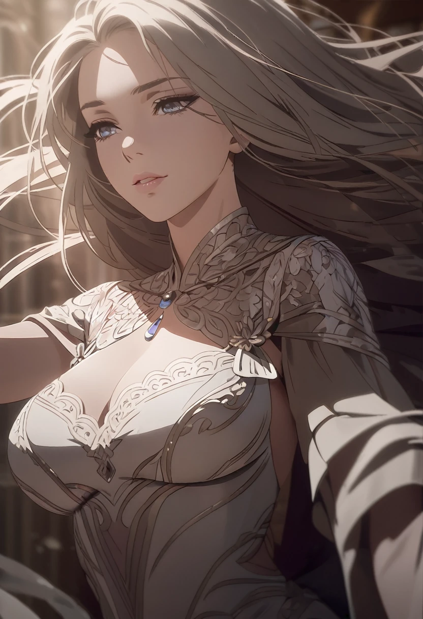 a beautiful goddess with ?????????????, detailed intricate dress, flowing long hair, elegant pose, detailed facial features, delicate skin, volumetric lighting, cinematic dramatic lighting, muted color palette, dramatic chiaroscuro, cinematic depth of field, photorealistic, (best quality,8k,highres,masterpiece:1.2),ultra-detailed,(realistic,photorealistic,photo-realistic:1.37)