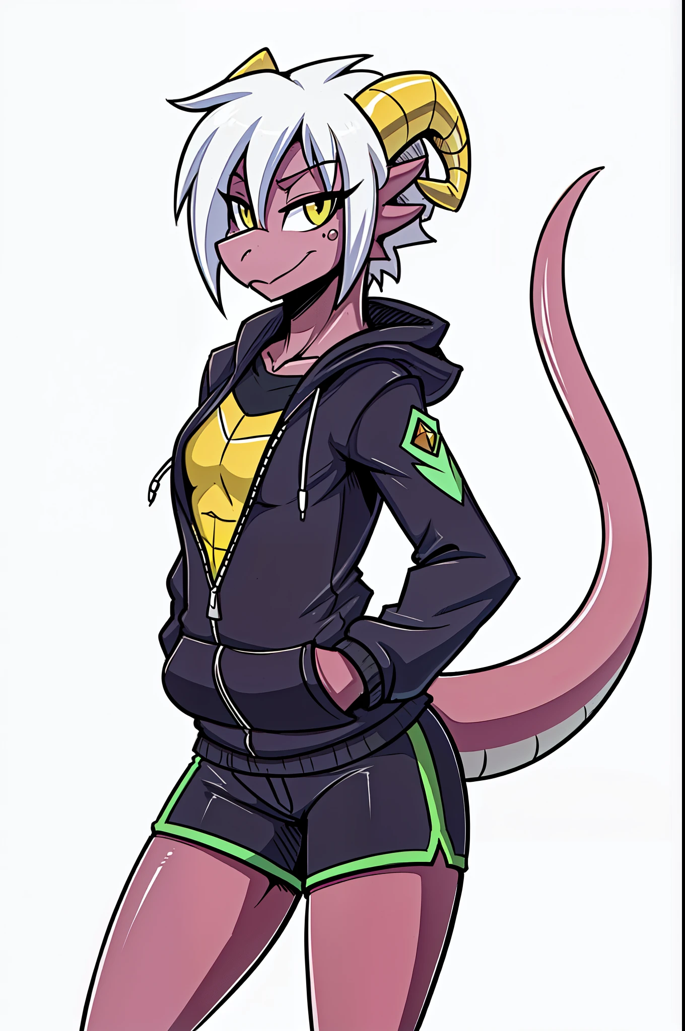 (tall adult:1.2), (2d, absurdres, best quality, uploaded on e621), (by uc77:1.3), (by zeekzag:1.2), (by sssonic2:1.1), by skidd, by john joseco, by kadath, by bigdad, by shonuff, by scappo, ((white background, no background:1.4)), (waist portrait), (manga styled, manga styled eyes), (studio trigger anime style:1.2), (short hair, white hair, parted fringe, straight and messy hair), (solo, pink body, pink scales, kobold, dragon-ish, reptilian kobold, snaggletooth kobold), (battle scars on tail:1.1), (two ram-like horns), ((gold colored horns:1.2)), (eyelashes, gold eyes), (tomboy, badass, arrogant, cocky, cute, slight grin, toothless maw), (hoodie jacket, shirt, long red bermuda shorts, extended shorts, fingerless gloves), hot-blooded, citrine colored gem ear piercing, ((facial horns, small trimmed white claws, small breasts:1.2)), crossed arm pose, (snaggletooth maw, toothless maw), reptilian snout, cute snout, kobold snout, small abs, athletic build
