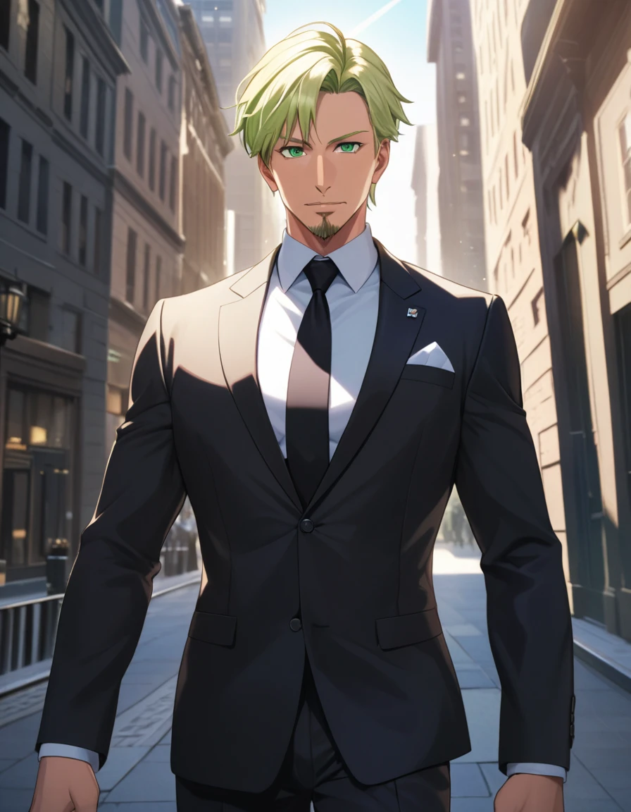 1man, veteran spy agent, handsome mature, business hair with asymmetrical bangs, narrow goatee, green platina blond hair, emerald eyes, 45yo, charming caucasian, ordinary uncle, pentagon shaped, BREAK ideal ratio body proportions, middle weight muscular, dark pupil, beautiful detailed eyes, broad waist, BREAK solo, businessman in black suit, black necktie, white shirt, funeral clothing, soft smile, outdoor, wall street, detailed background, BREAK upperlegs, dandy posing, dramatic expression, 2000s, visual novel, in newest eroge style, in korean anime style, dutch angle, cinematic shadows, cinematic lighting, lens flare, light leaks, texture, absurdres absolutely resolution, extreme all detailed, masterpiece, best quality