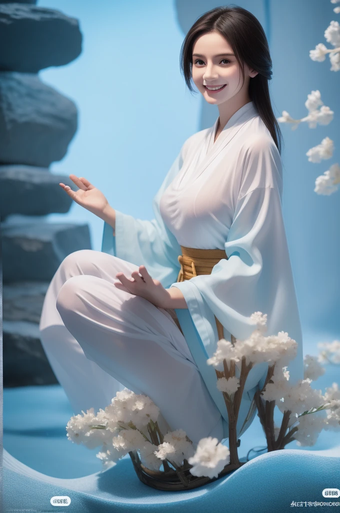bit girl,had his hands folded,smile, light blue clothes, beautiful detailed 25 years old female, ultra large saggy breasts, huge breasts:1.6, mature, full body.
