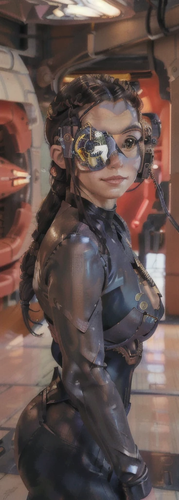 portrait of a beautiful brunette (( borg cyborg veins metal armor cable eyepatch )), Christina Chong beautiful face, narrowed eyes. smirk. black braided hair as an astronaut, hair in tight updo, d3m1r0s3, (wearing spacesuit:1.2), in a space station hallway,,,, hard shadows, masterpiece, intricate details,
