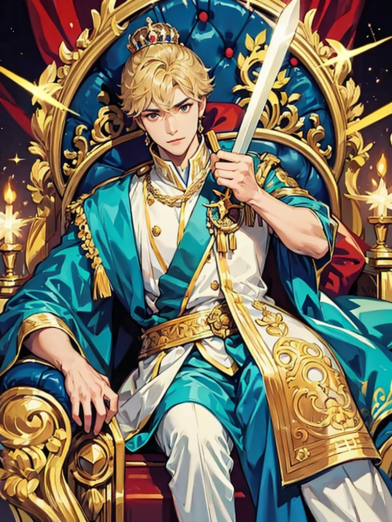 A prince wearing royal attire holding a shining sword in his hand, the throne room background