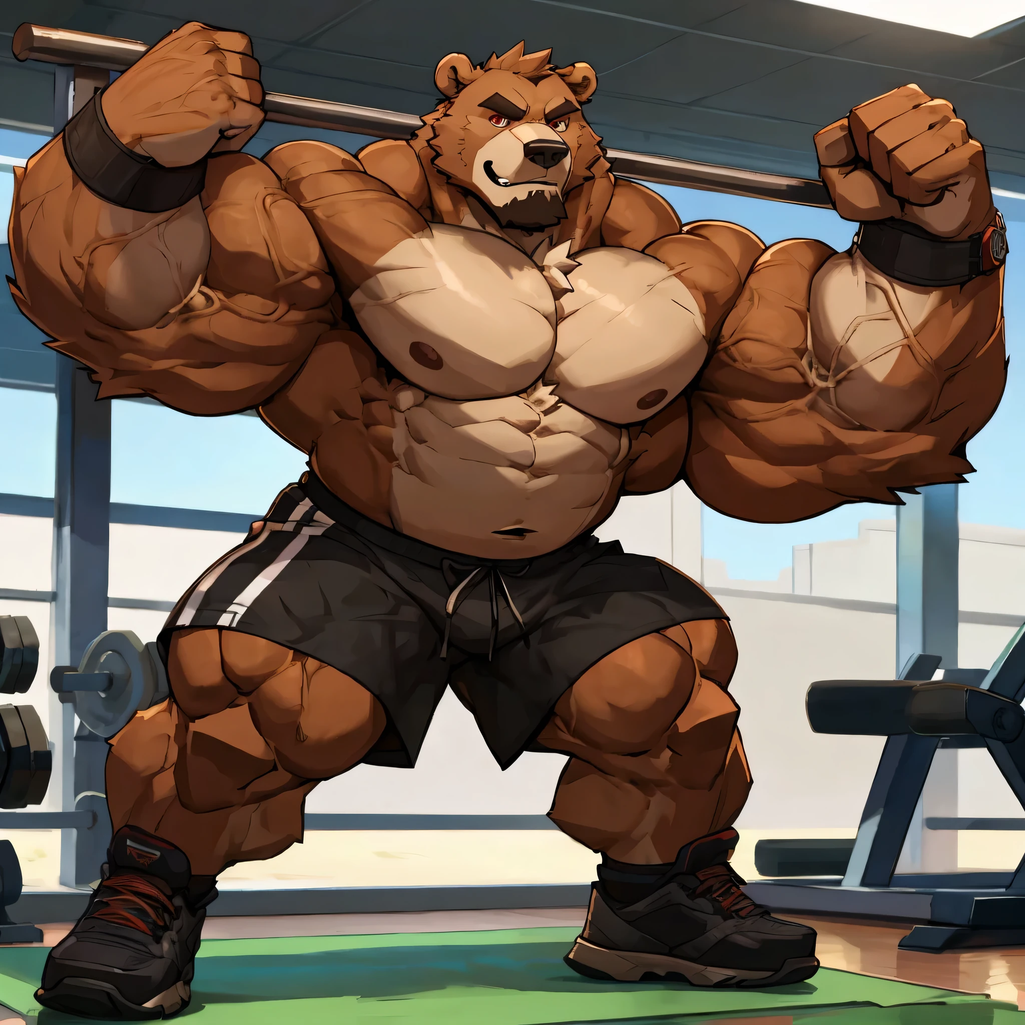 Solo, 1boy, huge muscular kodiak brown bear in big gym fitness center, big grunting, kodiak bear, huge brown fur, thick arm, huge arm, veins all over arms and chests, bald, brown mustache and brown beard, (muscular, pectoral, wide pectoral, thick arms), HEIGHT: 220CM, WEIGHT: 270KG, gym background, realistic, 8k, masterpiece, added cinnamon colored eyebrows, deatiled eyes with red pupils, (wearing black shorts, wristband, watch, black shirtless, topless and black shoes), flexing. Seeing how strong he is. Back arched. Shoulders up, roll forward. Elbows out. Forearms at a 30 degree bend.