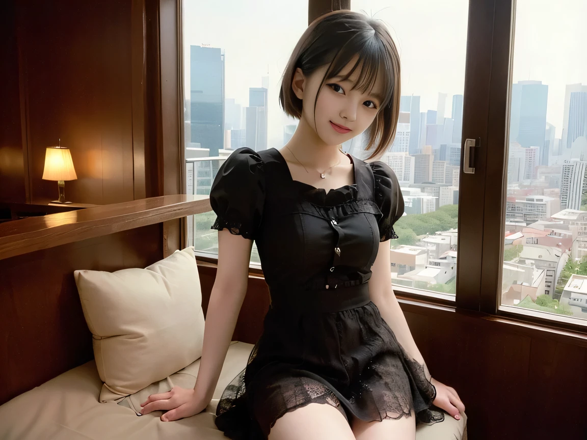 (Highest quality, masterpiece, Ultra-high resolution, 8k, RAW Photos, Realistic, Anatomically correct:1.5), 20-year-old girl:1.2, Embarrassing, avert your eyes, blush:1.0, View Viewer, ((bar)) 、Large windows、Night view、 Light:1.2, Bokeh, Cinema Lighting:1.0, Depth of written boundary, sharp、 Cute Face、Idol、(Black short sleeve lace top)、(Black tulle skirt)、”dwarf”、(Floral clothes)、(Full Body Shot)、(Side angle)、Cowboy Shot、(( smile))、((Ultra short hair、Berry Short))、(Straight bangs)、((See-through))、(( One Girl))、Waist、I can see your thighs、Shot from behind、Sexy pose、